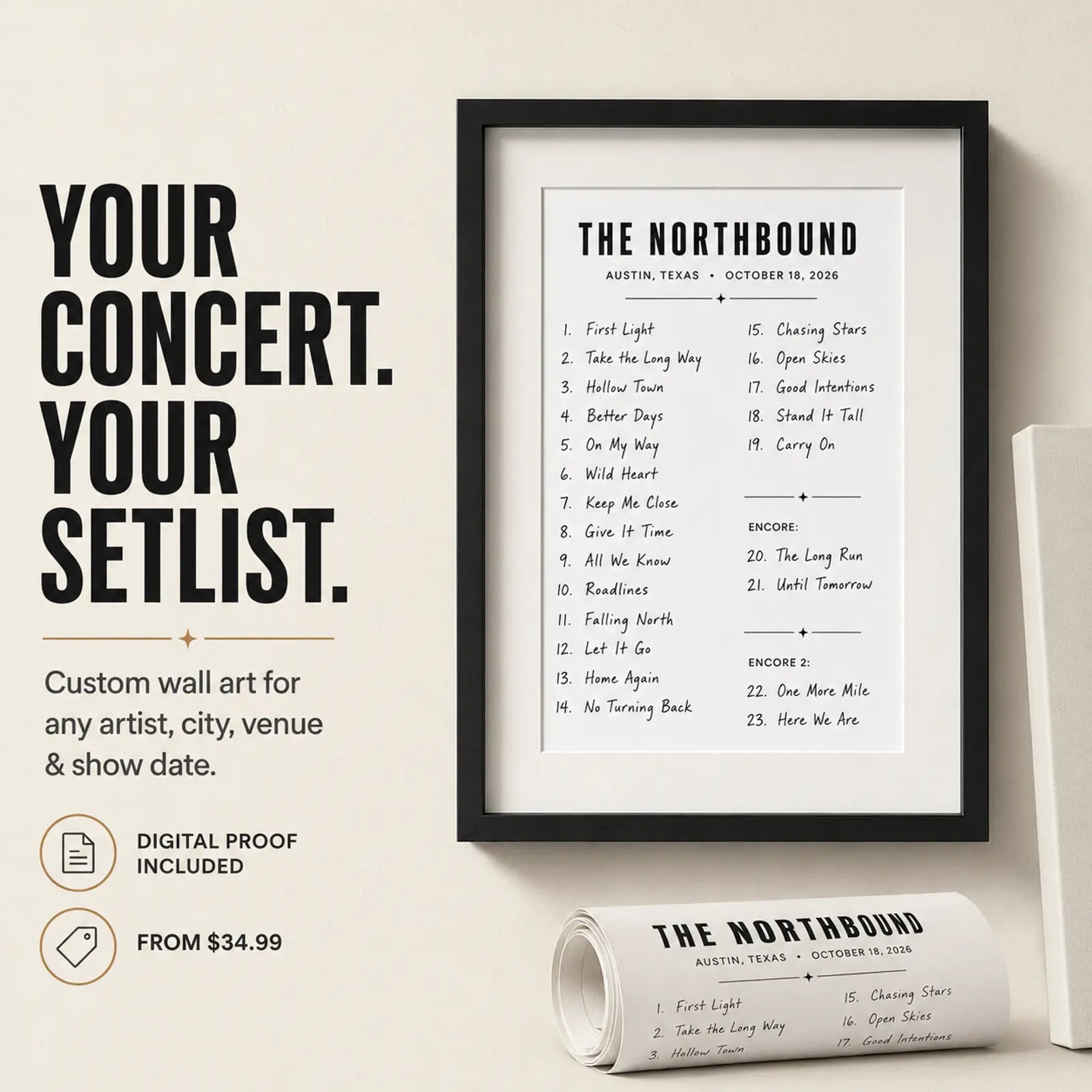 Custom concert setlist wall art created for any artist, show or tour