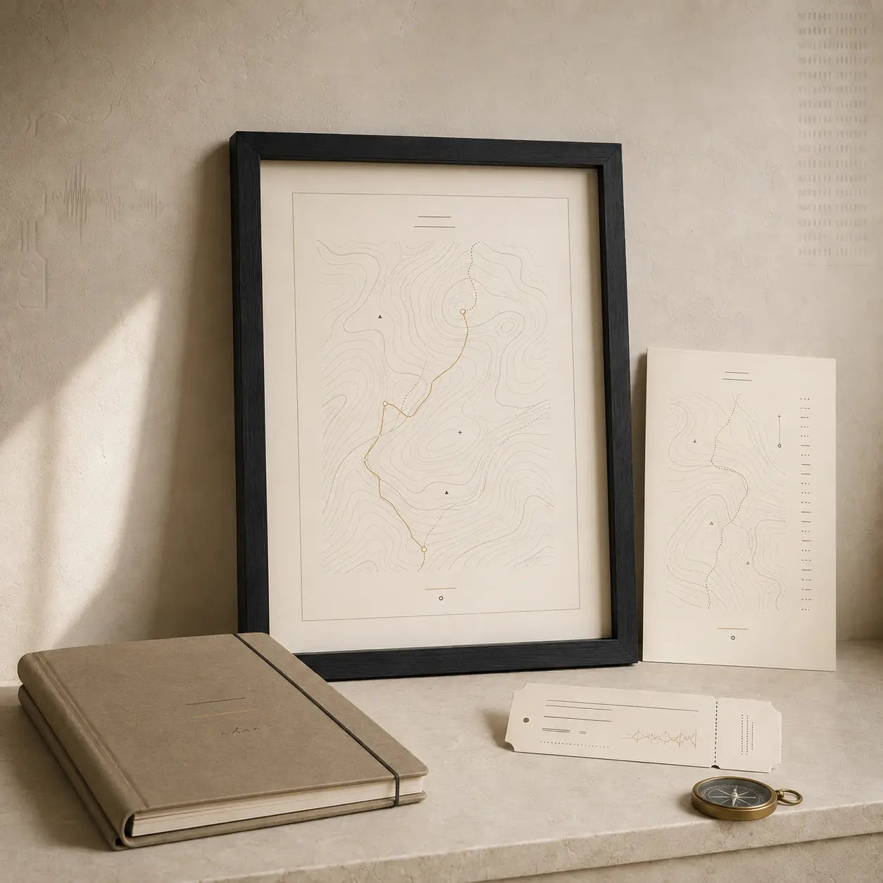 Museum-inspired Adventure Archive topographic wall art and field keepsakes