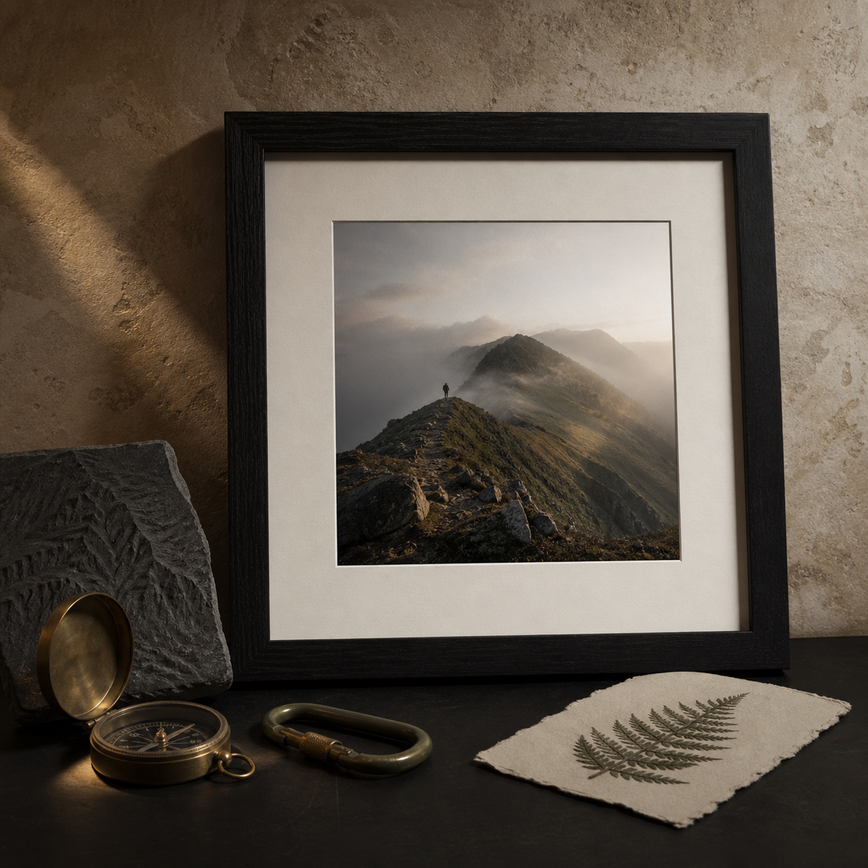 Museum-inspired Adventure Archive display with framed alpine hiking photograph, compass, carabiner, pressed fern and topographic stone