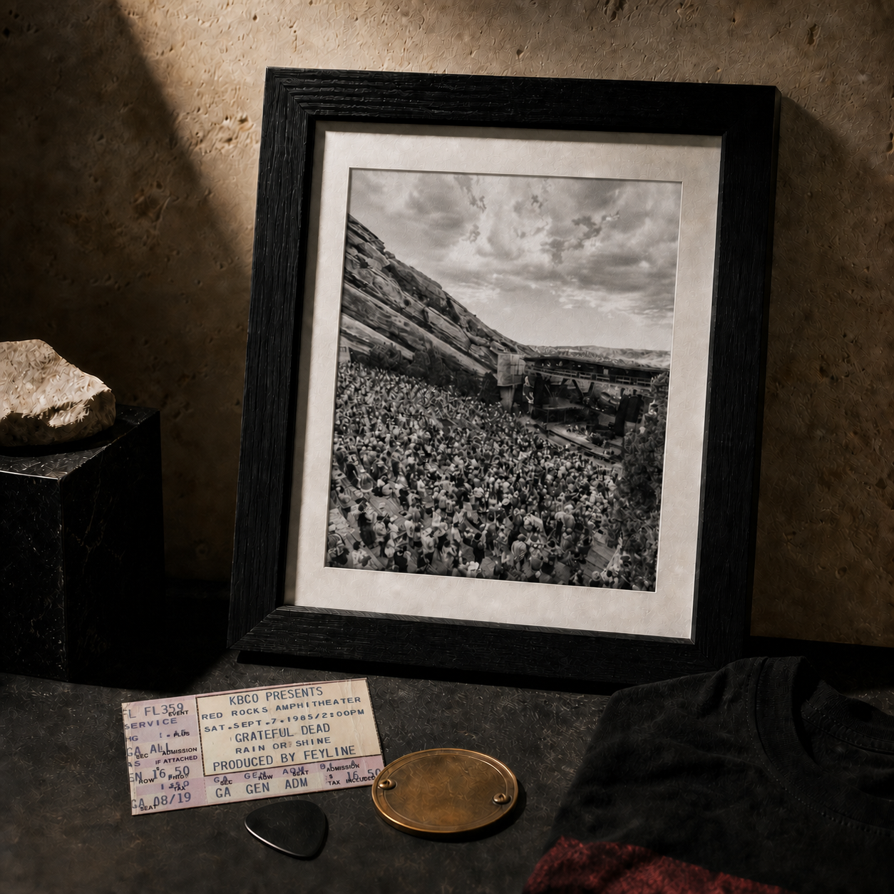 Museum-inspired Concert Archive display with framed Red Rocks photograph, vintage 1985 ticket, guitar pick and keepsakes