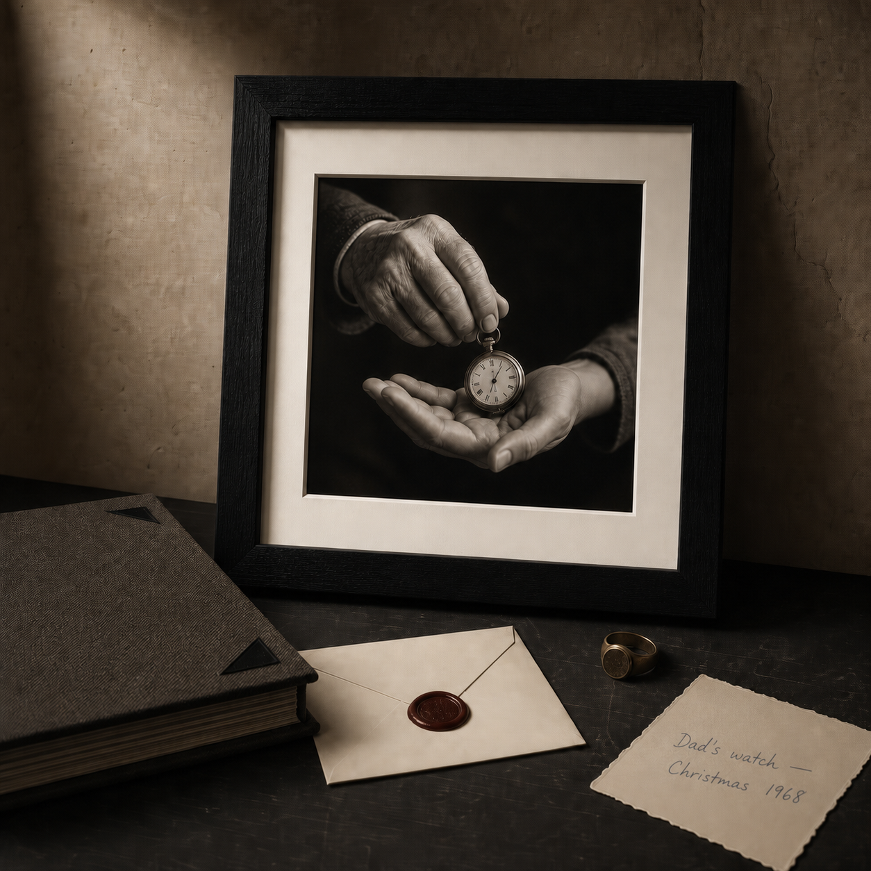 Museum-inspired Legacy Archive display with framed heirloom watch photograph, family album, sealed letter, signet ring and handwritten photo note