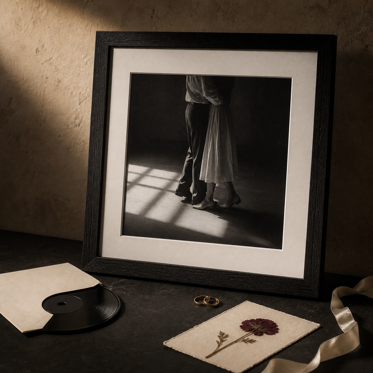 Museum-inspired Love Archive display with framed dancing couple photograph, vinyl record, wedding rings, pressed flower and ribbon