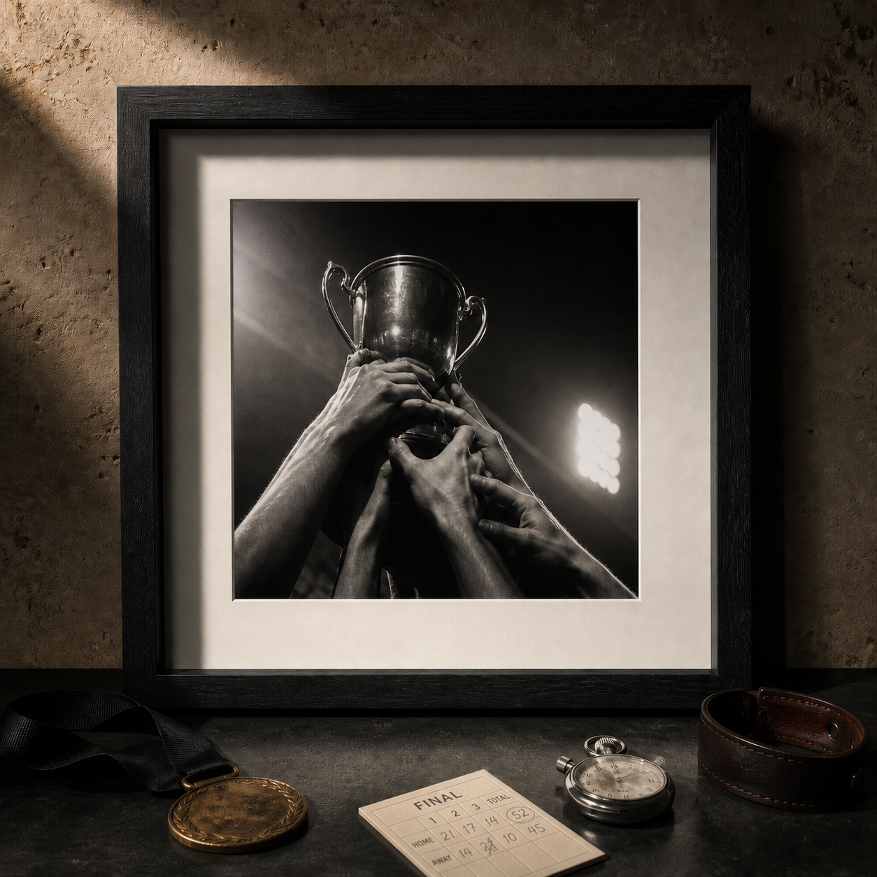 Museum-inspired Tournament Archive display with framed championship trophy photograph, medal, stopwatch, wristband and completed scorecard