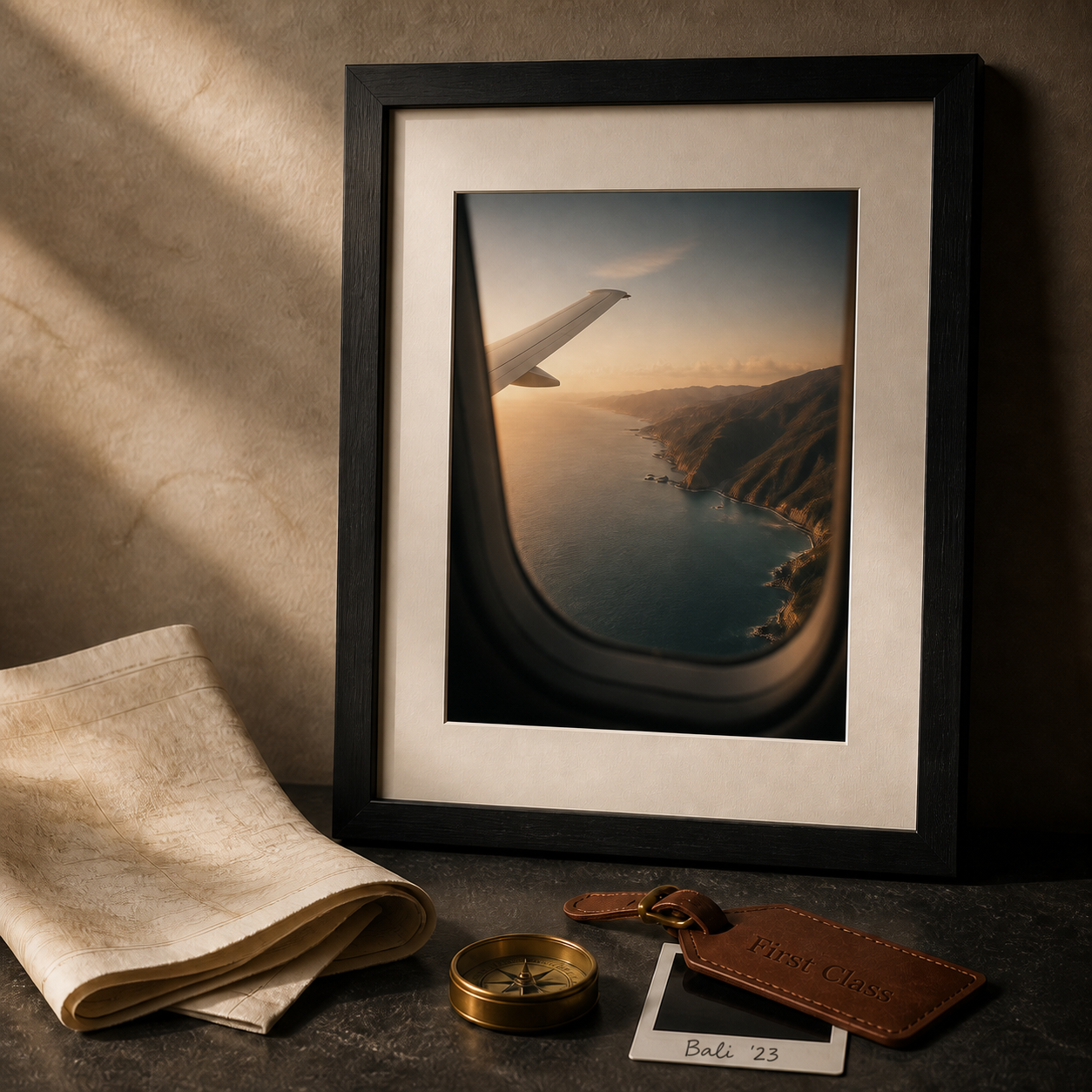 Museum-inspired Travel Archive display with framed coastal flight photograph, First Class luggage tag, compass, map and Bali instant photo