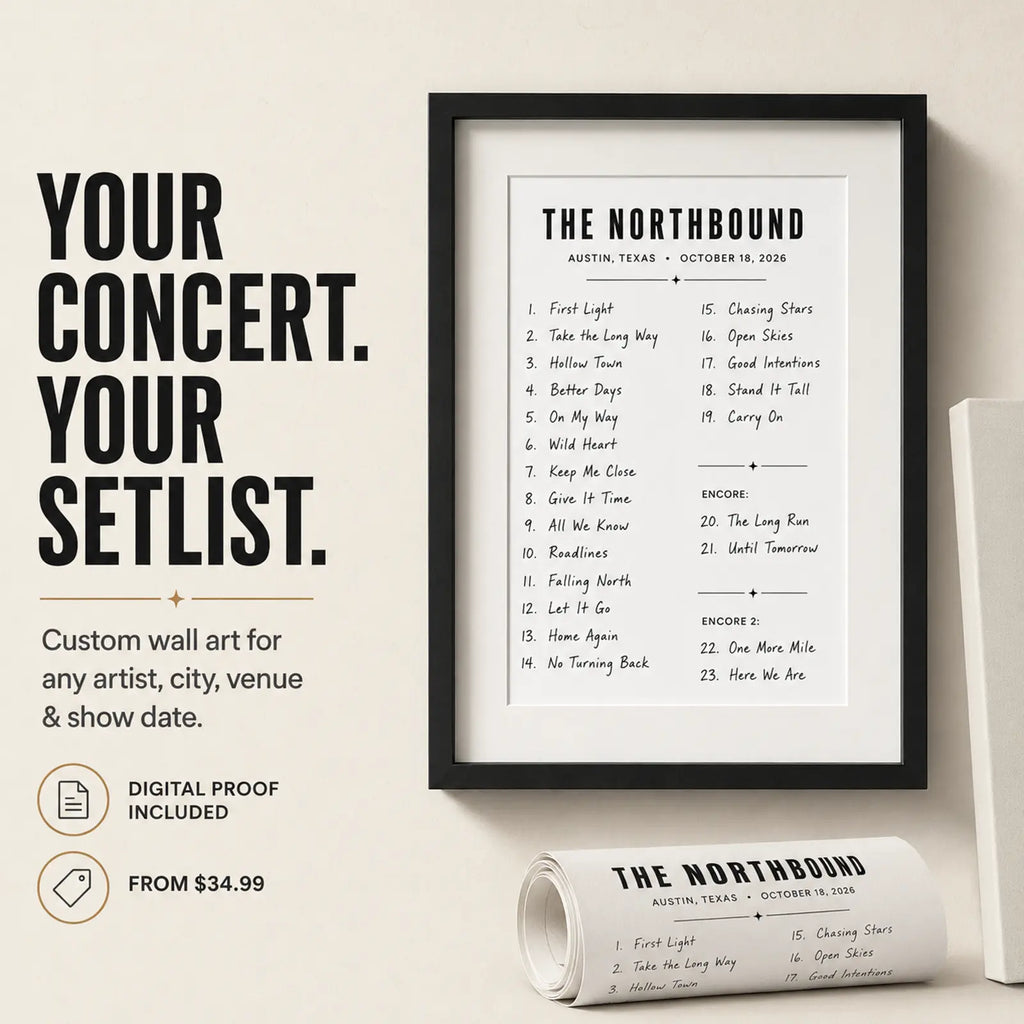 Custom concert setlist wall art with framed print, digital proof included, starting at $34.99