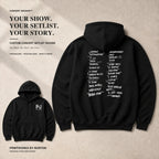 Custom concert setlist hoodie with Front Archive Mark and back setlist design