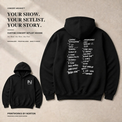 Custom concert setlist hoodie with Front Archive Mark and back setlist design