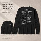Custom concert setlist long sleeve tee with Front Archive Mark and back setlist design