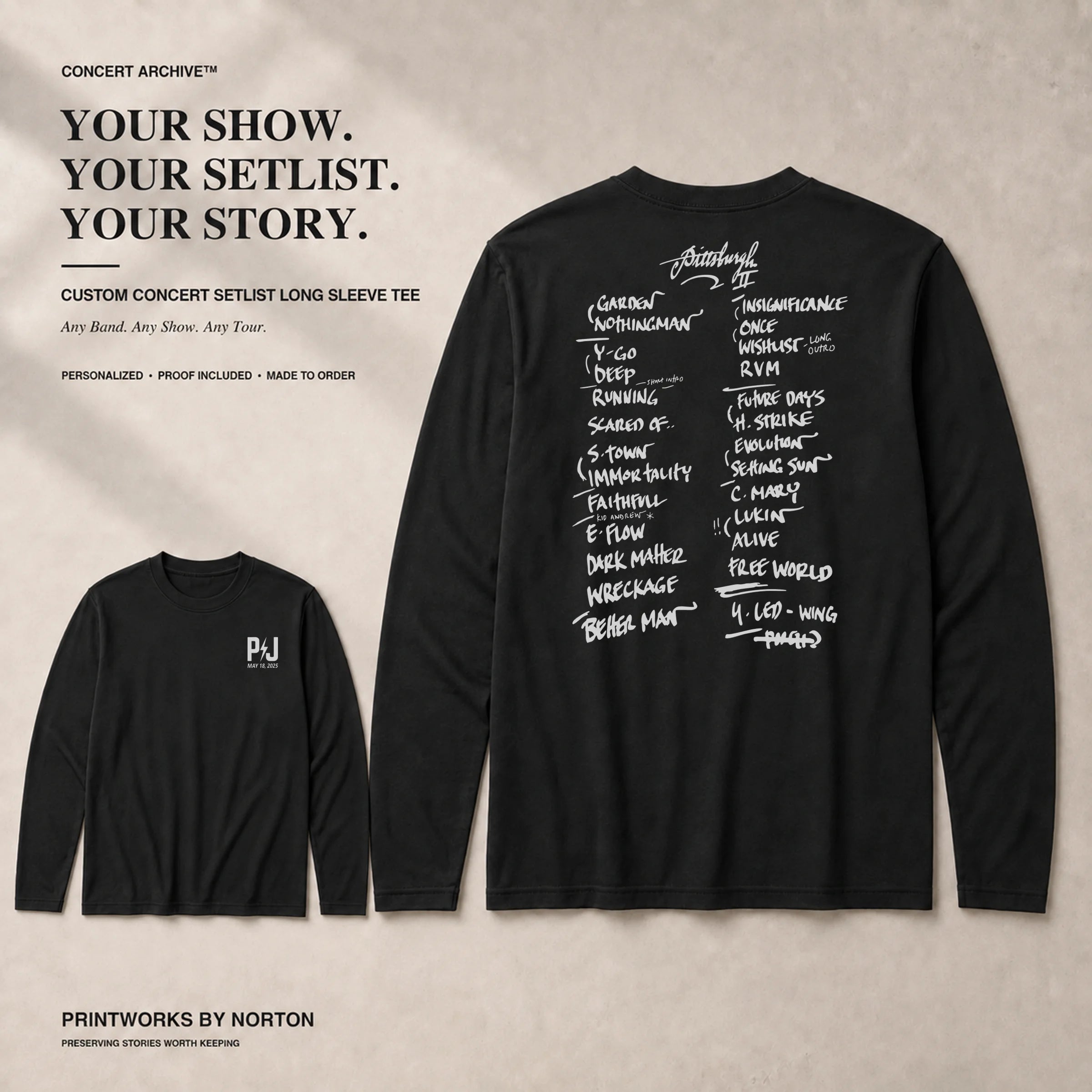 Custom concert setlist long sleeve tee with Front Archive Mark and back setlist design