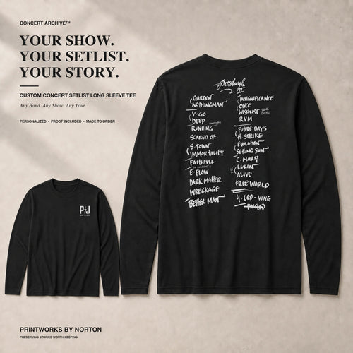Custom concert setlist long sleeve tee with Front Archive Mark and back setlist design