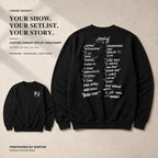 Custom concert setlist sweatshirt with Front Archive Mark and back setlist design