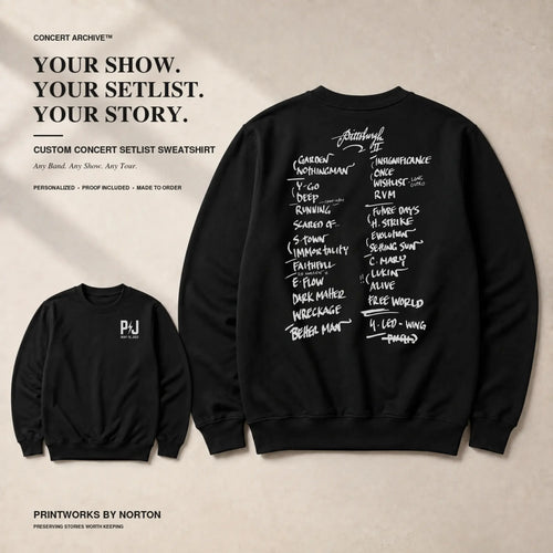 Custom concert setlist sweatshirt with Front Archive Mark and back setlist design