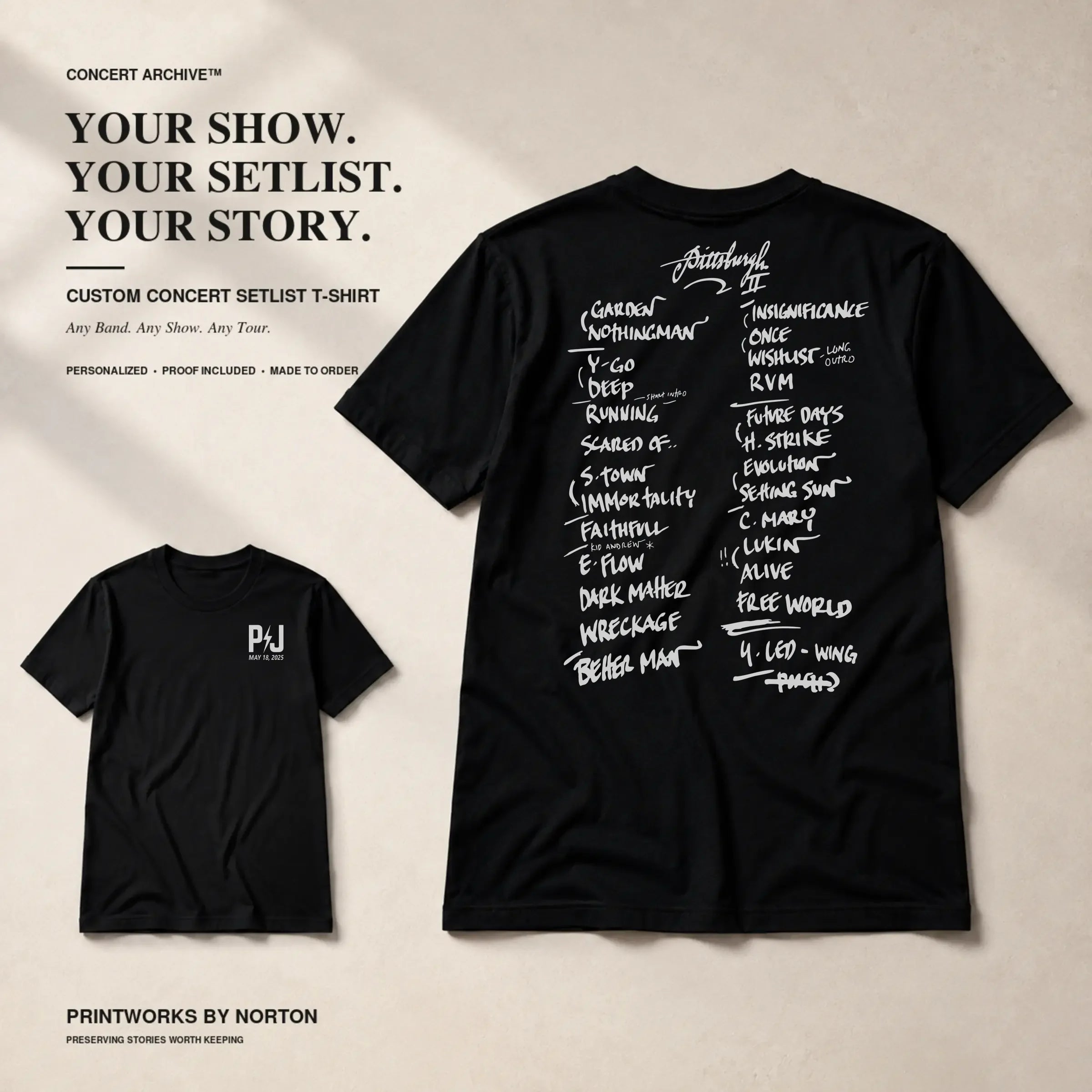 Custom concert setlist T-shirt with Front Archive Mark and back setlist design