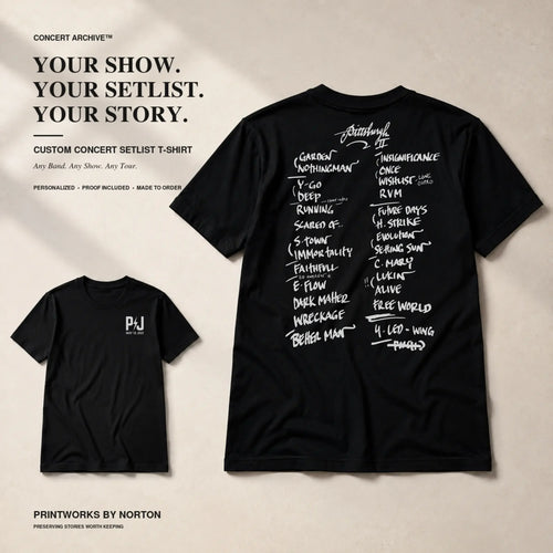 Custom concert setlist T-shirt with Front Archive Mark and back setlist design