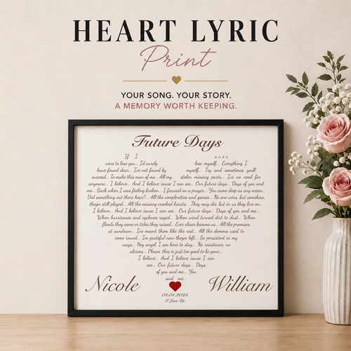Custom heart lyric print with personalized song lyrics, names and date displayed as premium wall art