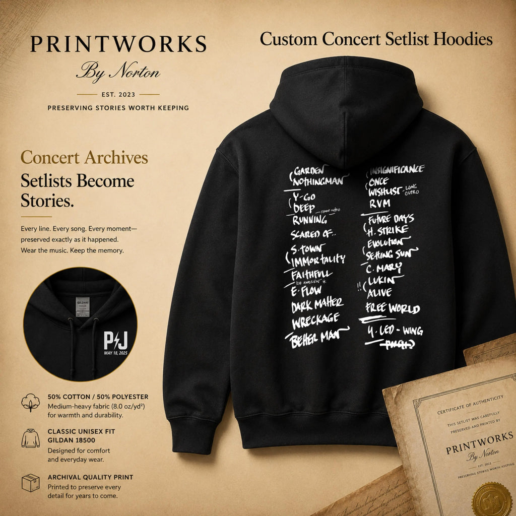 Custom concert setlist hoodie with personalized front logo and back setlist design