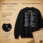 Custom concert setlist sweatshirt with personalized front logo and back setlist design