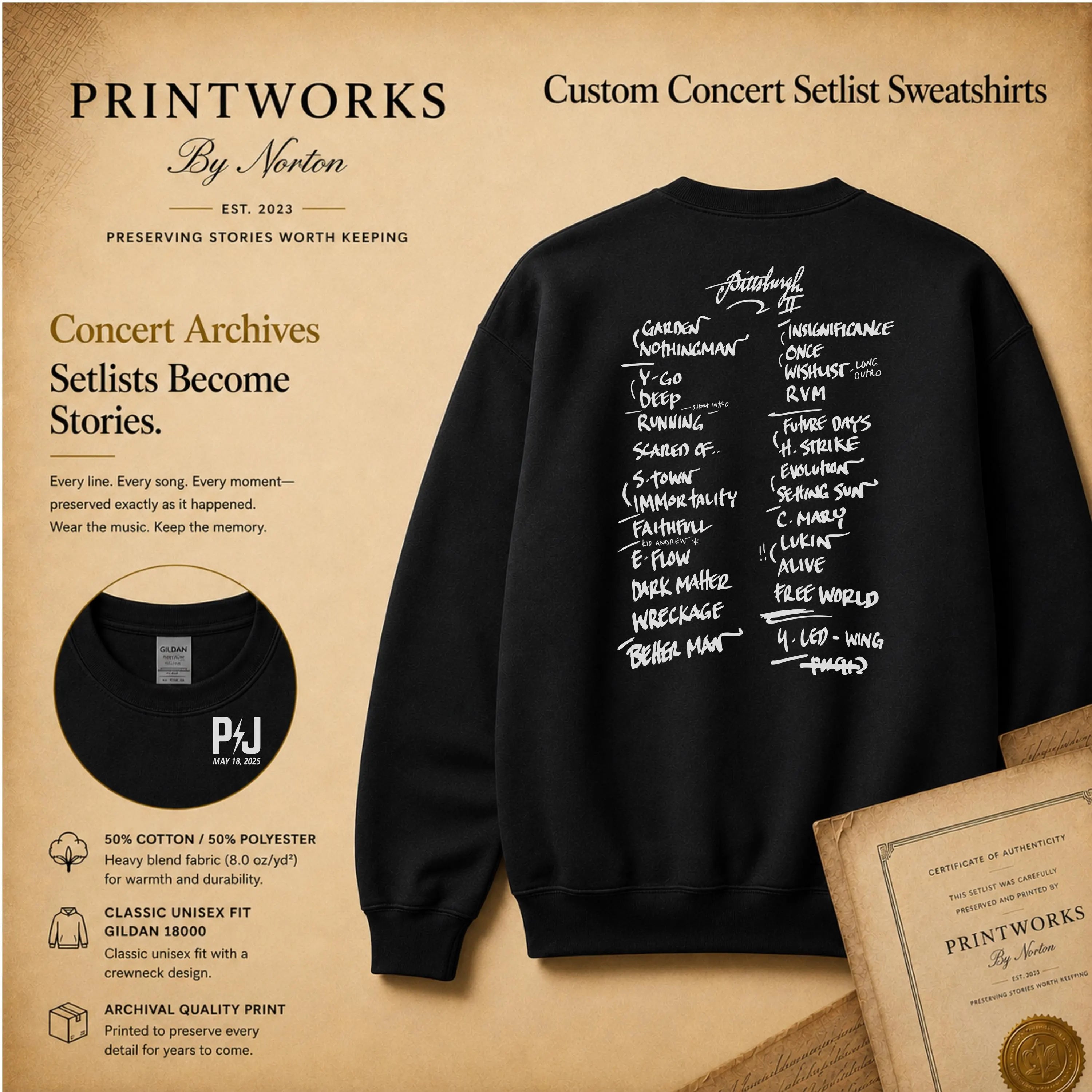 Custom concert setlist sweatshirt with personalized front logo and back setlist design