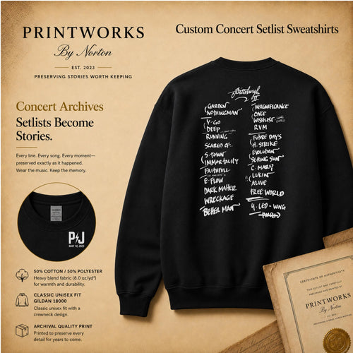 Custom concert setlist sweatshirt with personalized front logo and back setlist design