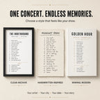 Three custom concert setlist wall art styles including clean archive handwritten-inspired and minimal modern designs
