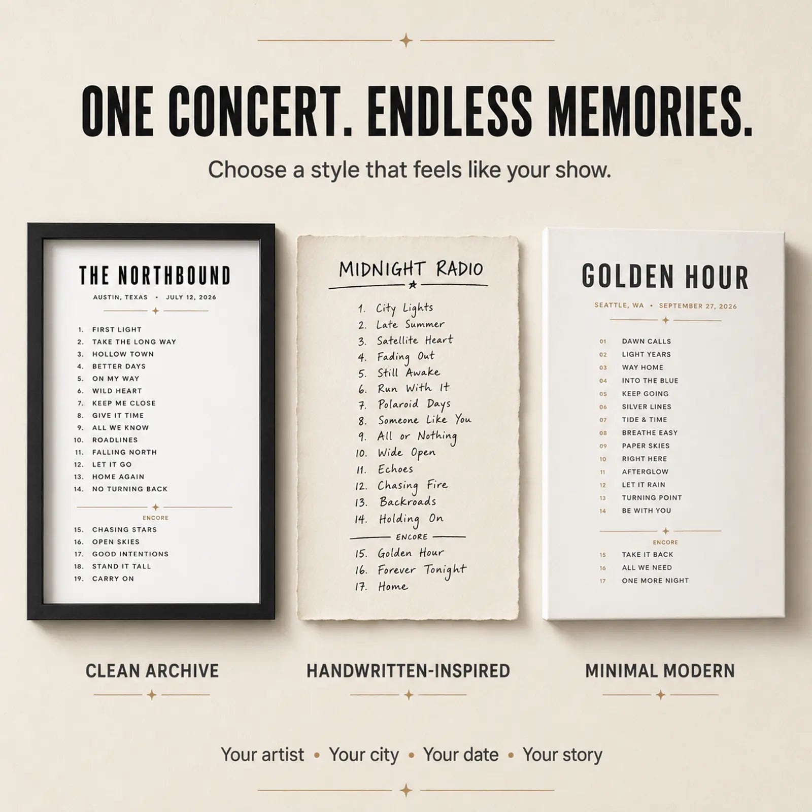 Three custom concert setlist wall art styles including clean archive handwritten-inspired and minimal modern designs
