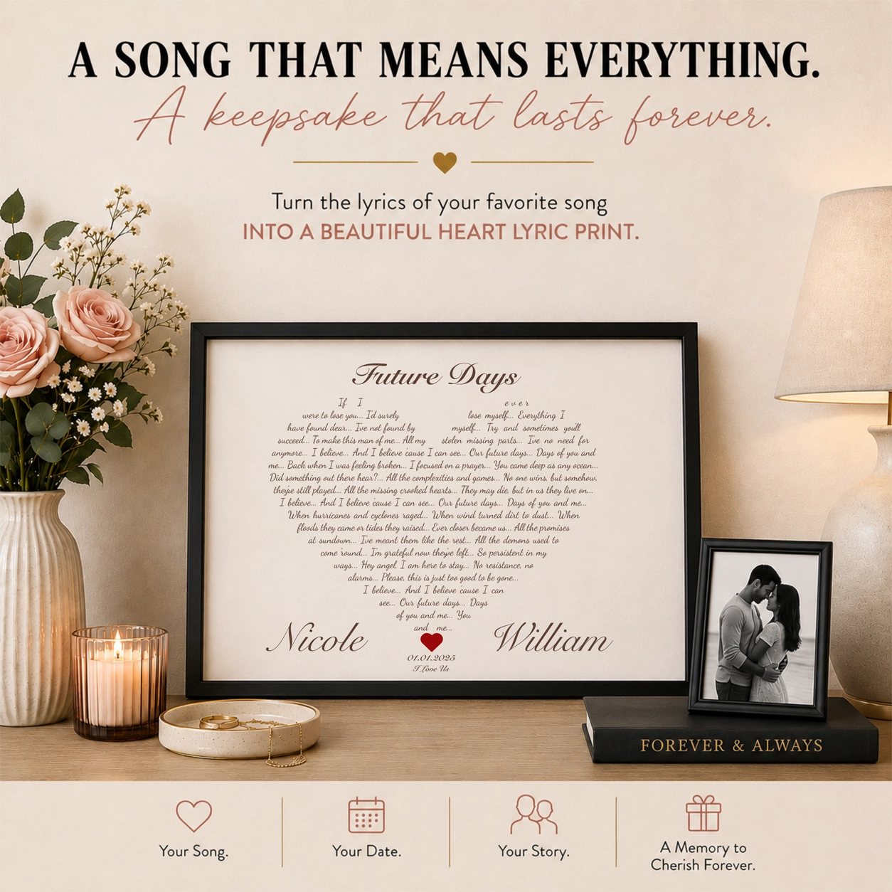 Personalized heart-shaped song lyric wall art created to preserve a meaningful song and memory