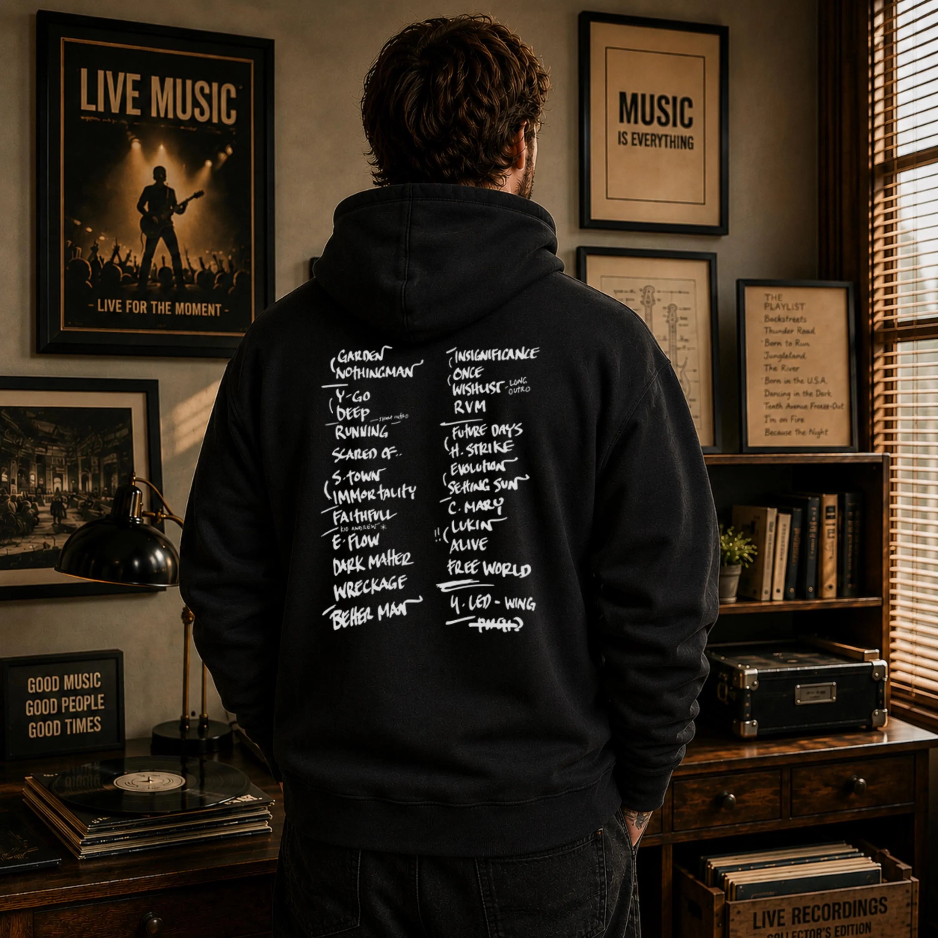 Personalized concert setlist hoodie mockup showing custom show details and wearable memory design