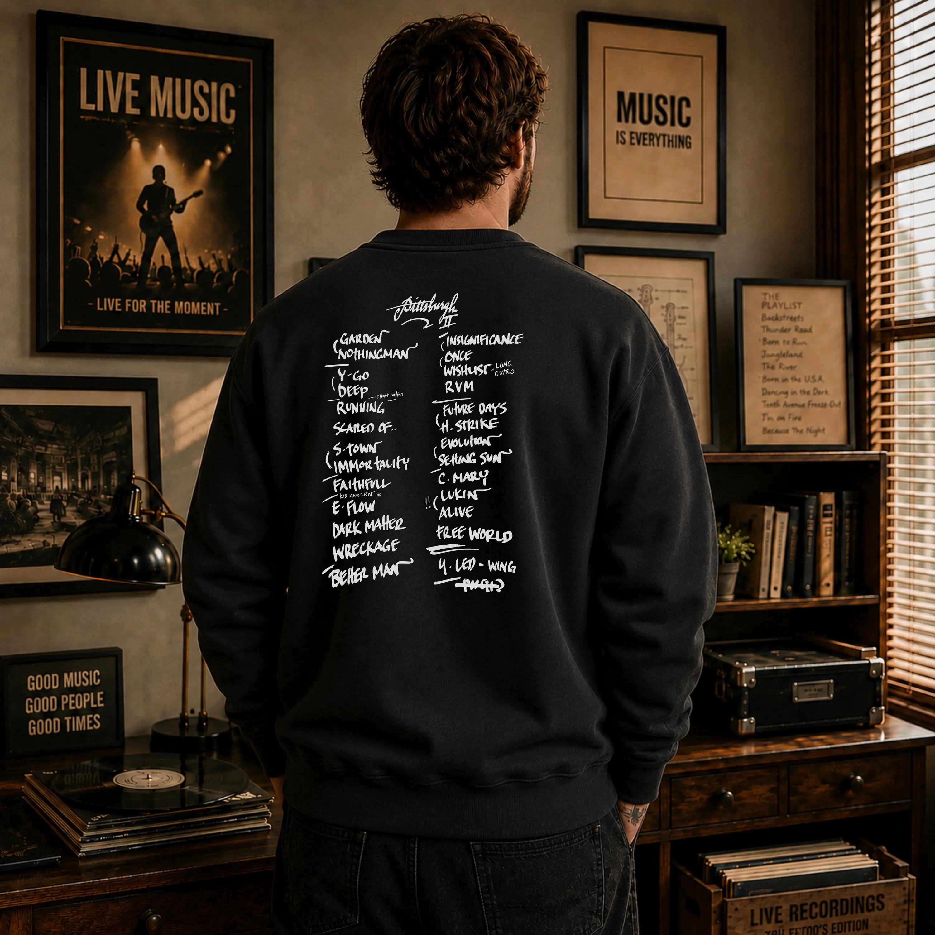 Personalized concert setlist sweatshirt mockup showing custom show details and wearable memory design