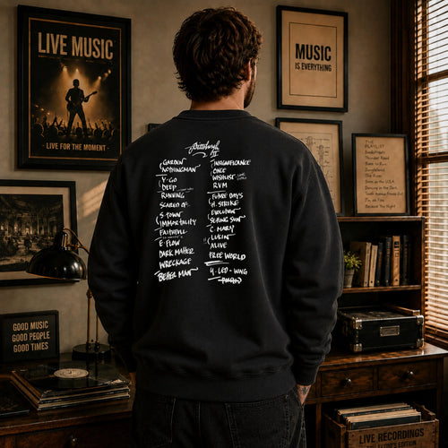 Personalized concert setlist sweatshirt mockup showing custom show details and wearable memory design