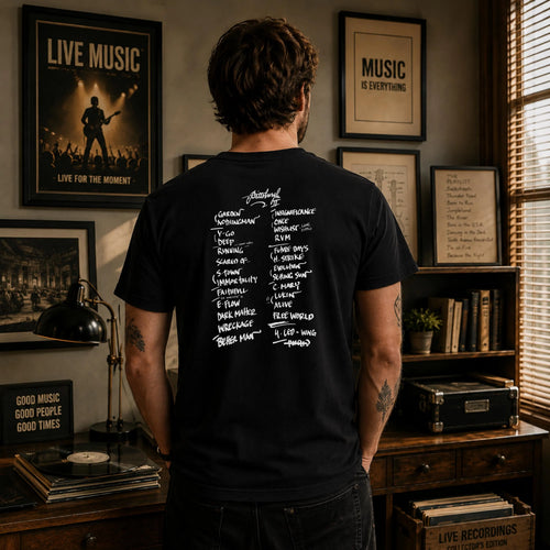Personalized concert setlist T-shirt mockup showing custom show details and wearable memory design