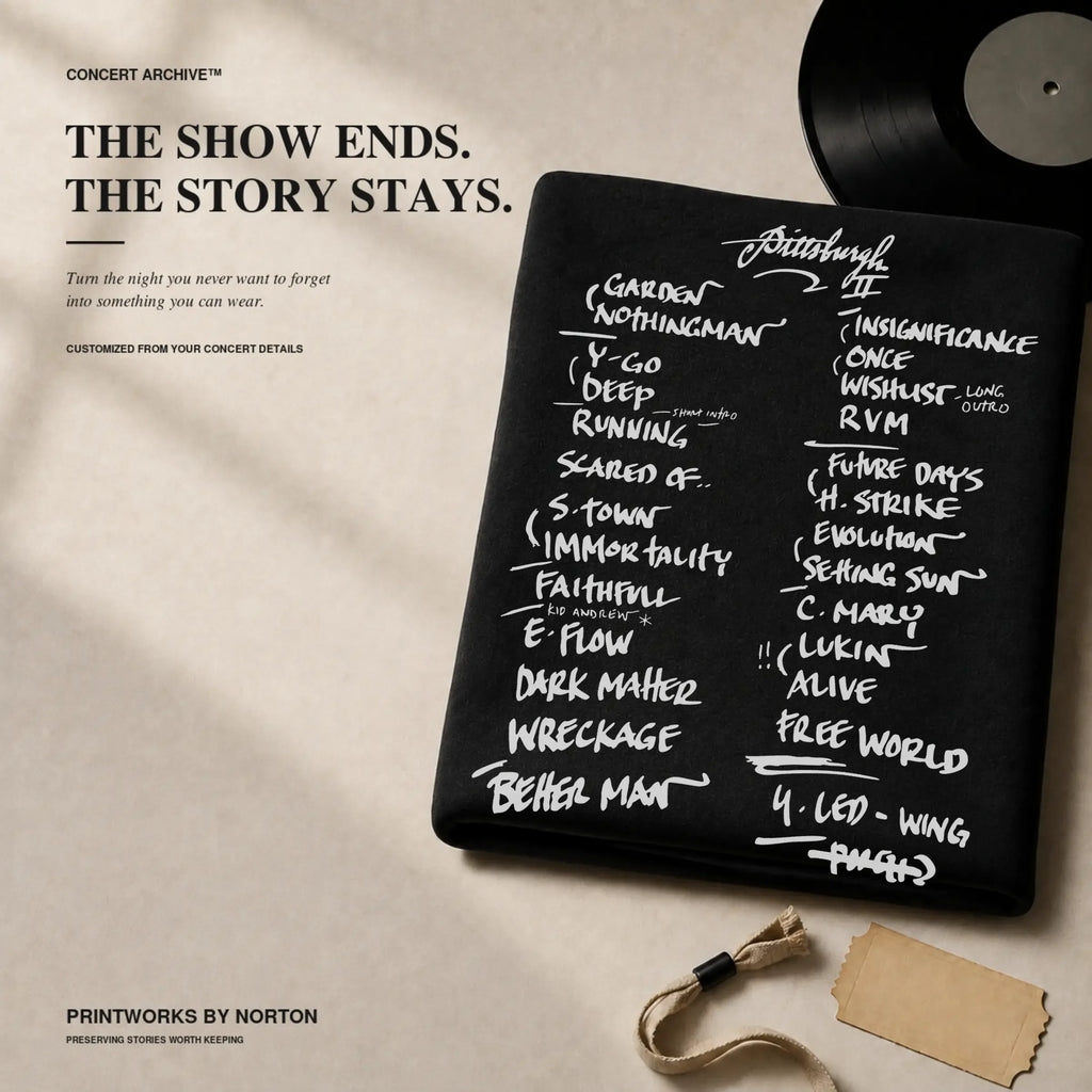 Concert memory preserved on a personalized custom setlist hoodie