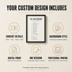 Custom concert setlist design includes concert details background style digital proof one revision and professional printing