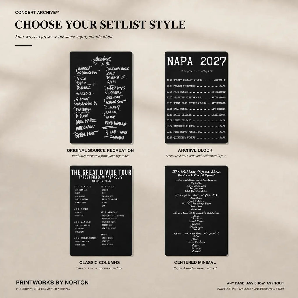Four Back Setlist Style options for a custom concert setlist hoodie