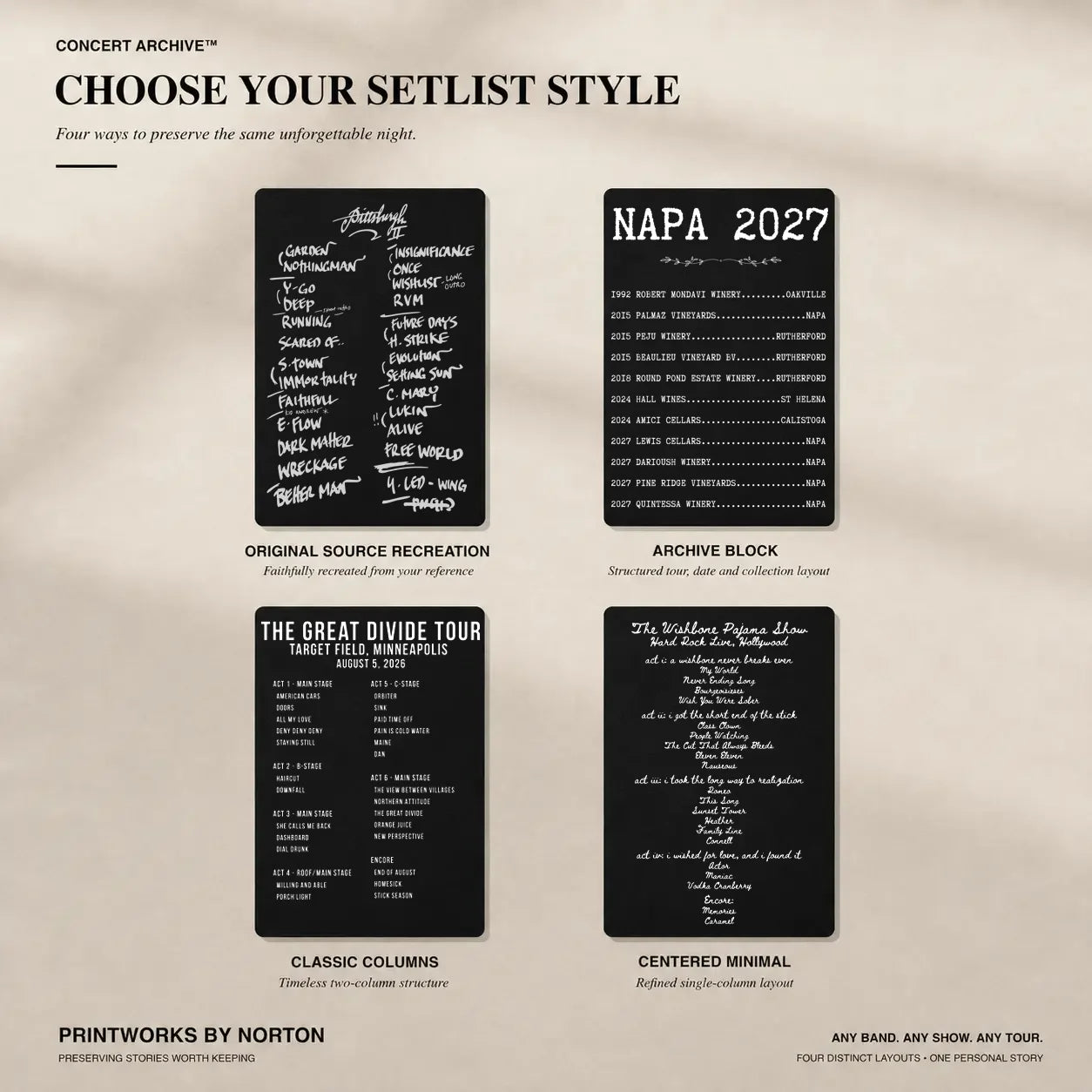 Four Back Setlist Style options for a custom concert setlist hoodie
