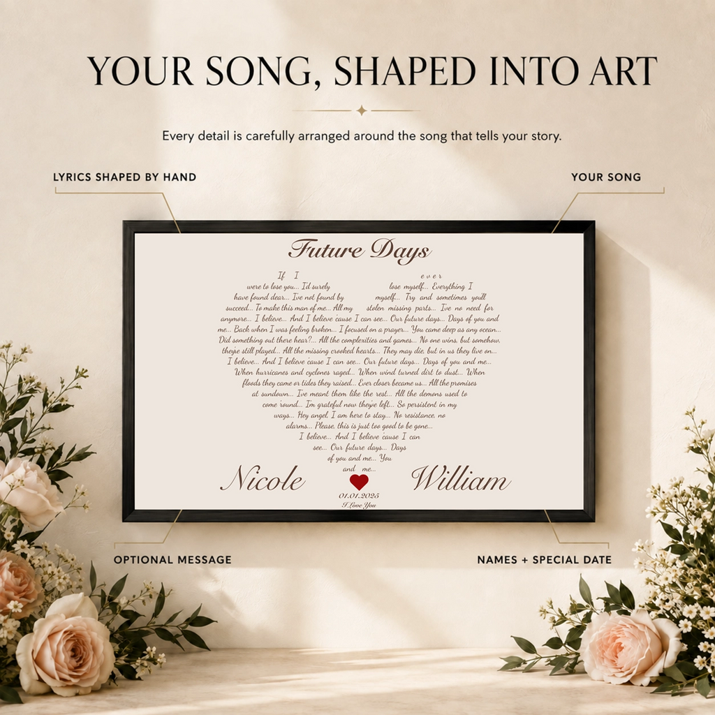 Song lyrics arranged into personalized heart-shaped artwork with names and optional date