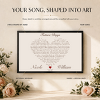 Song lyrics arranged into personalized heart-shaped artwork with names and optional date