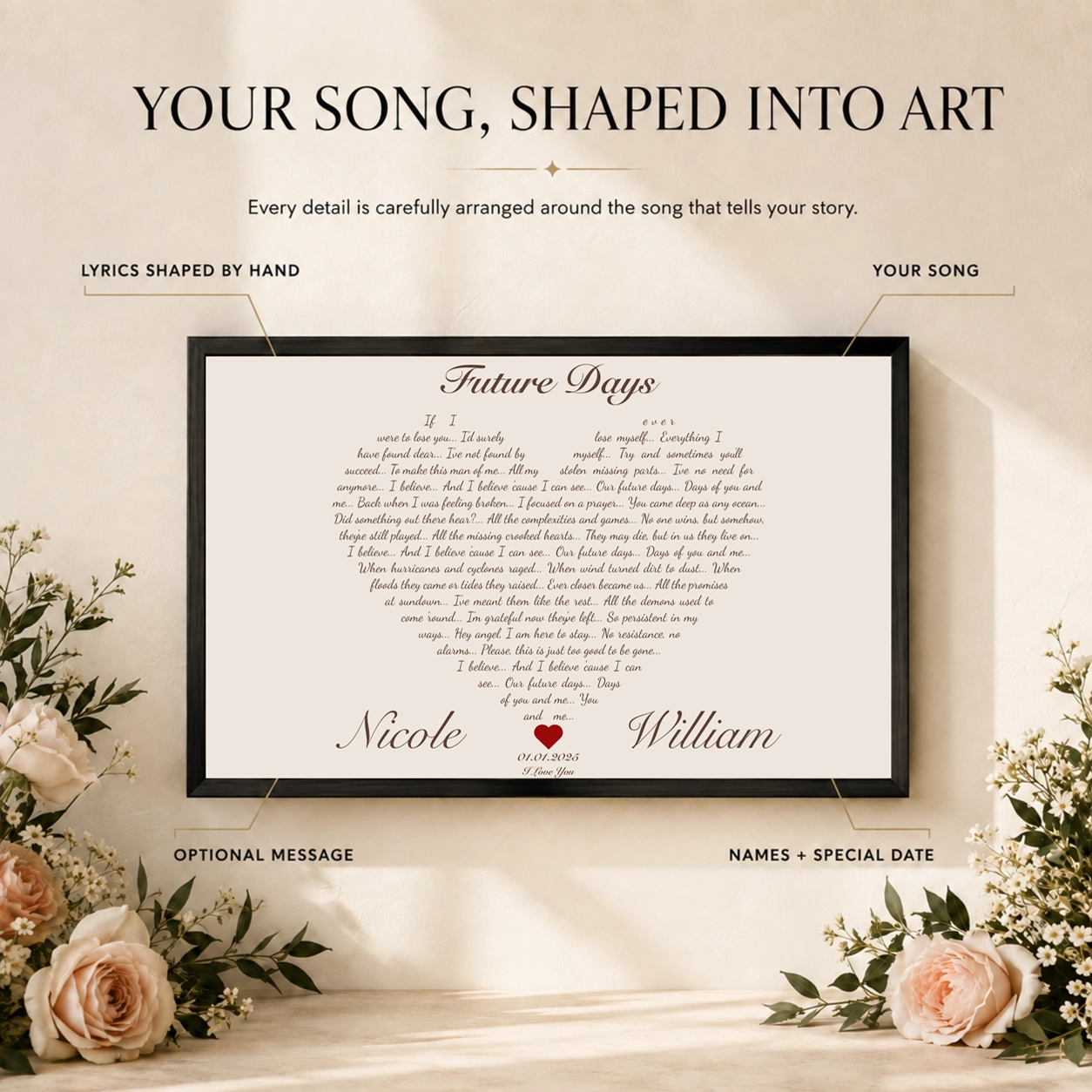 Song lyrics arranged into personalized heart-shaped artwork with names and optional date