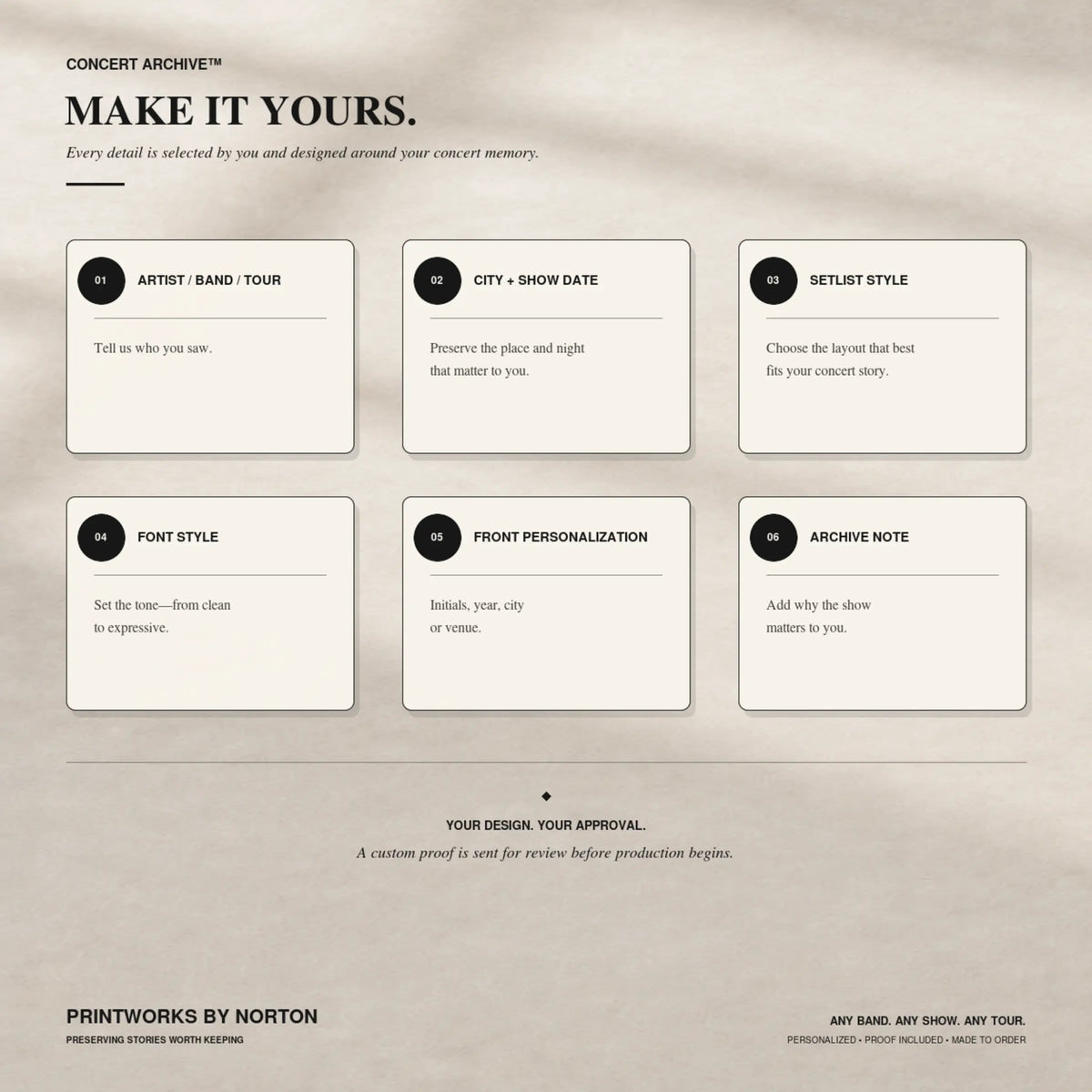 Personalization choices for a custom concert setlist sweatshirt