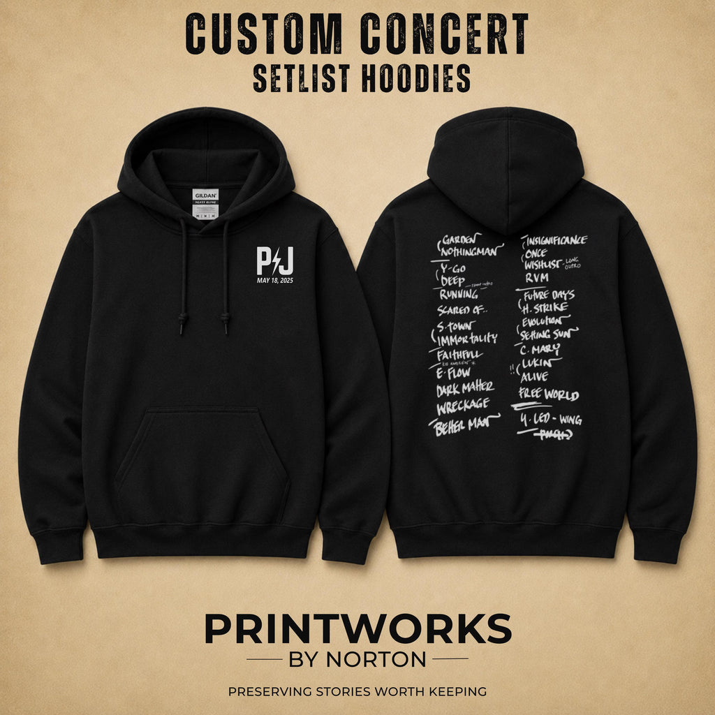 Personalized concert hoodie featuring custom front logo and back setlist layout