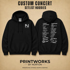 Personalized concert hoodie featuring custom front logo and back setlist layout