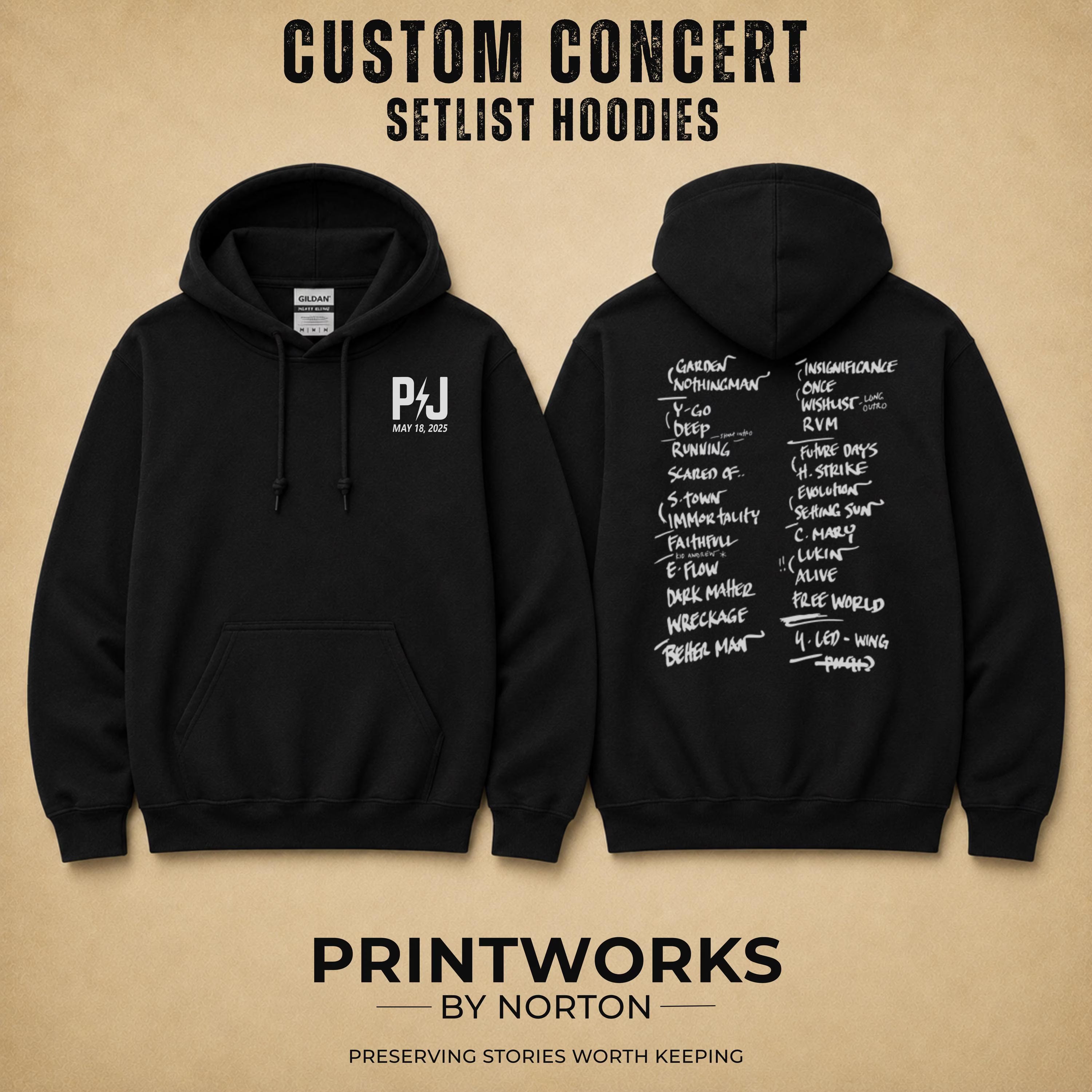 Personalized concert hoodie featuring custom front logo and back setlist layout
