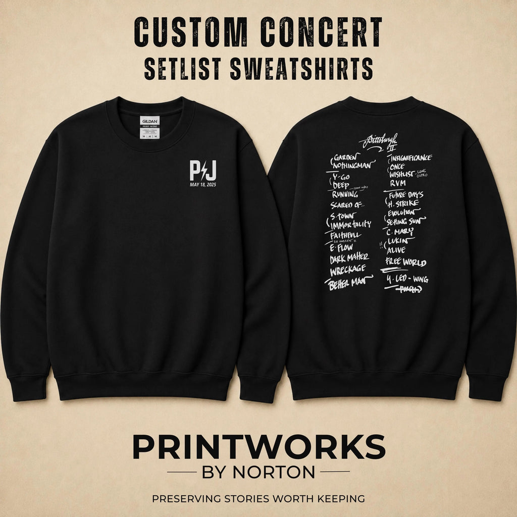 Personalized concert sweatshirt featuring custom front logo and back setlist layout
