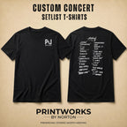 Personalized concert T-shirt featuring custom front logo and back setlist layout