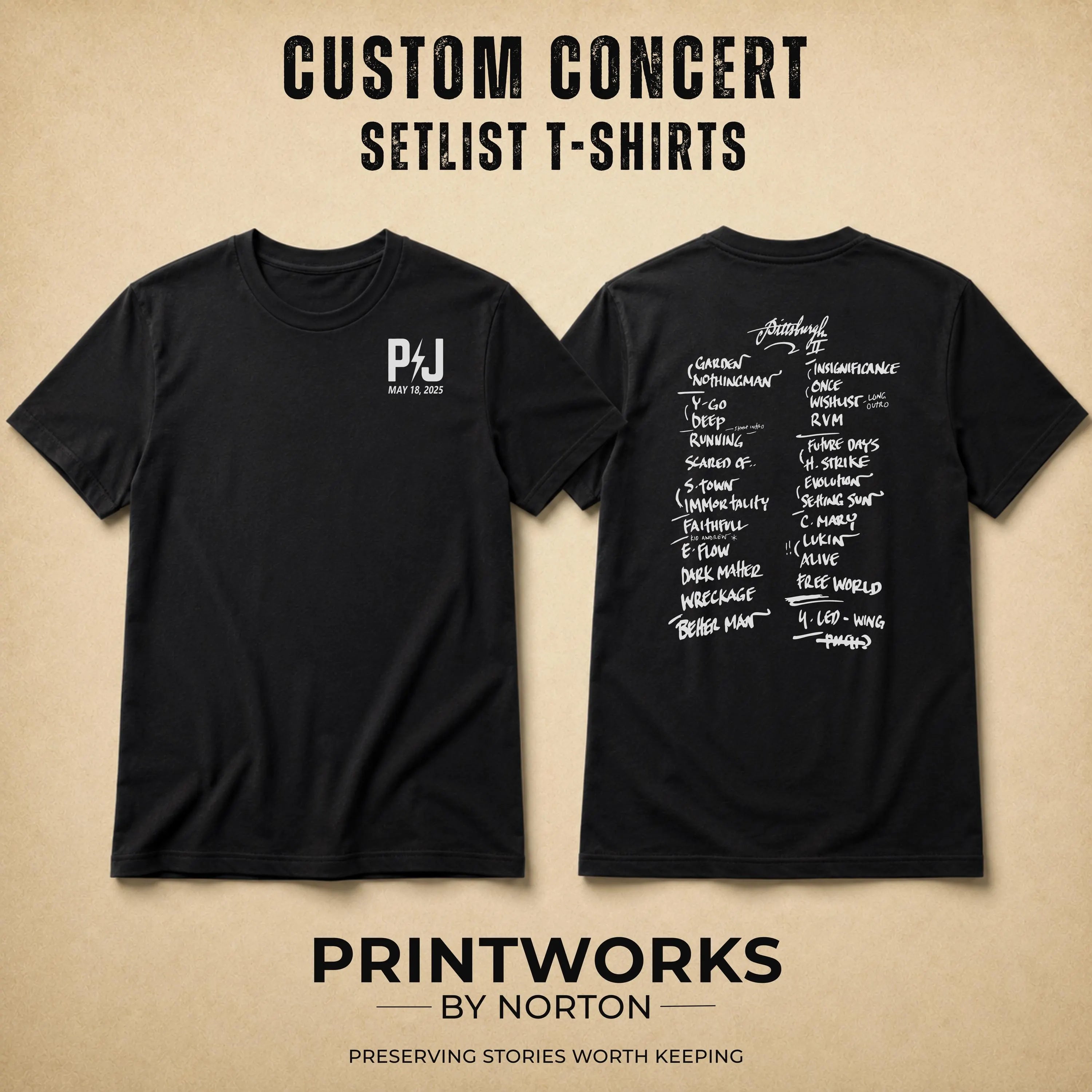 Personalized concert T-shirt featuring custom front logo and back setlist layout