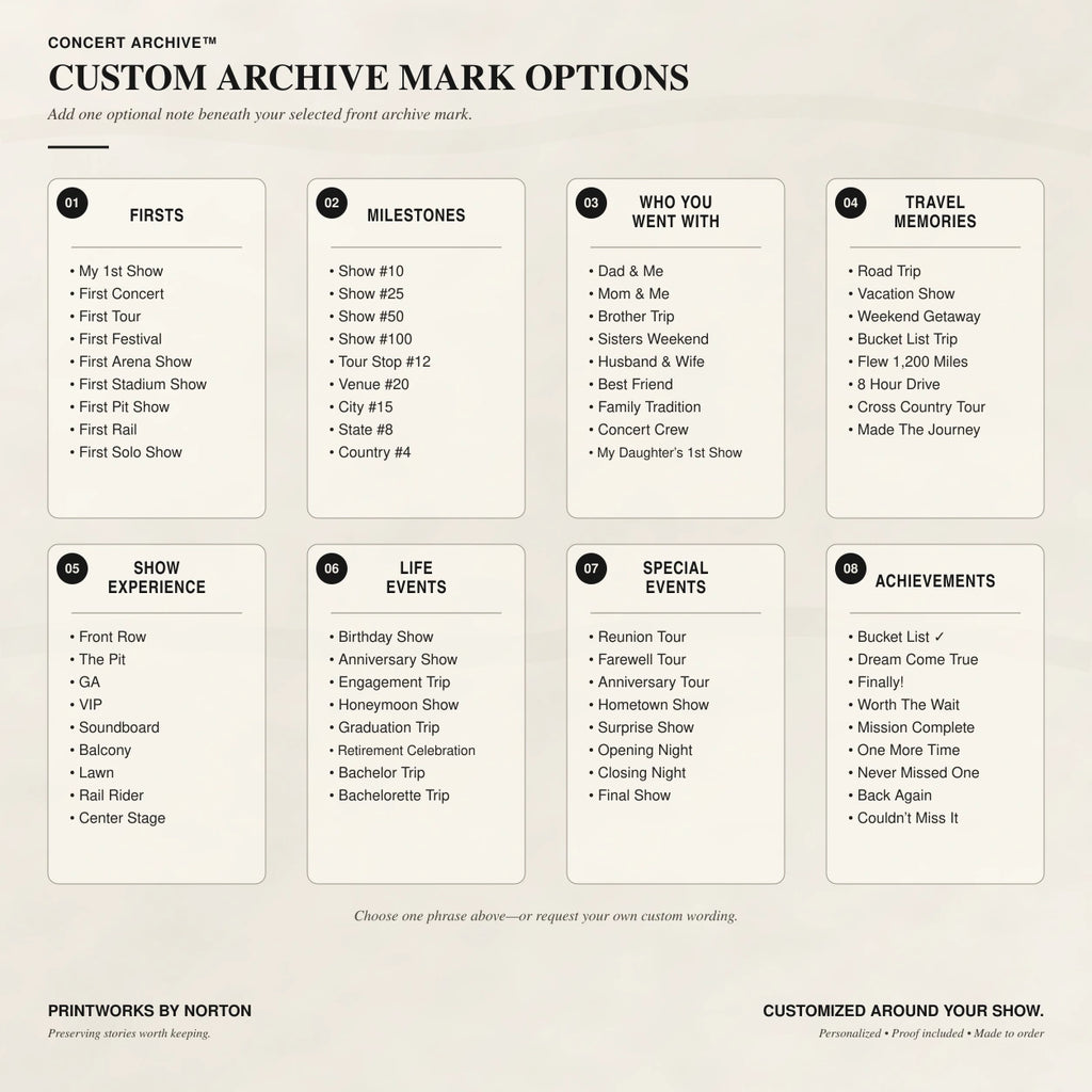 Six Front Archive Mark options for a custom concert setlist hoodie