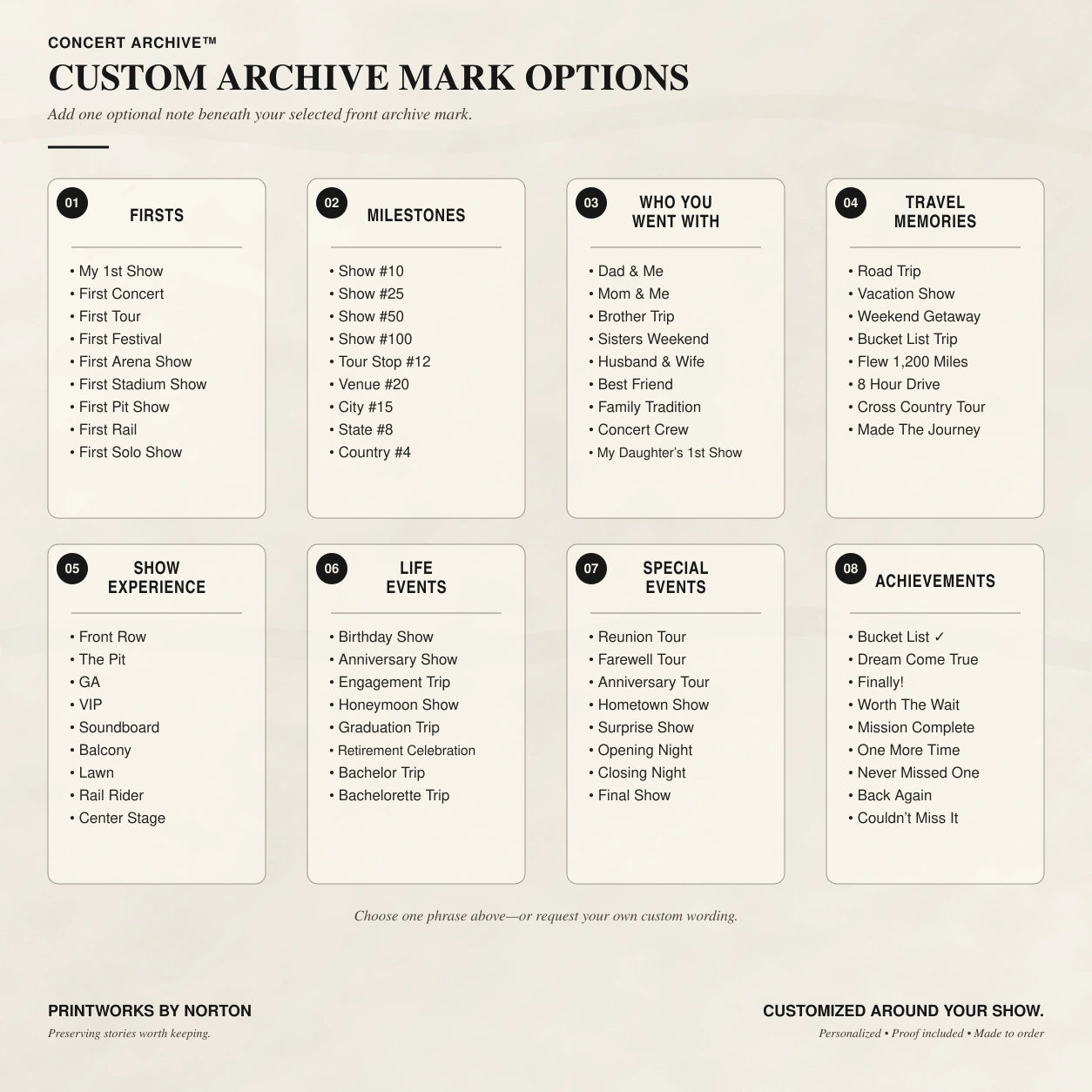 Six Front Archive Mark options for a custom concert setlist hoodie
