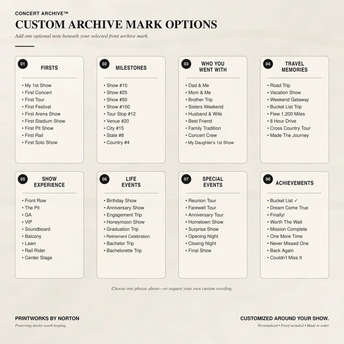 Six Front Archive Mark options for a custom concert setlist sweatshirt