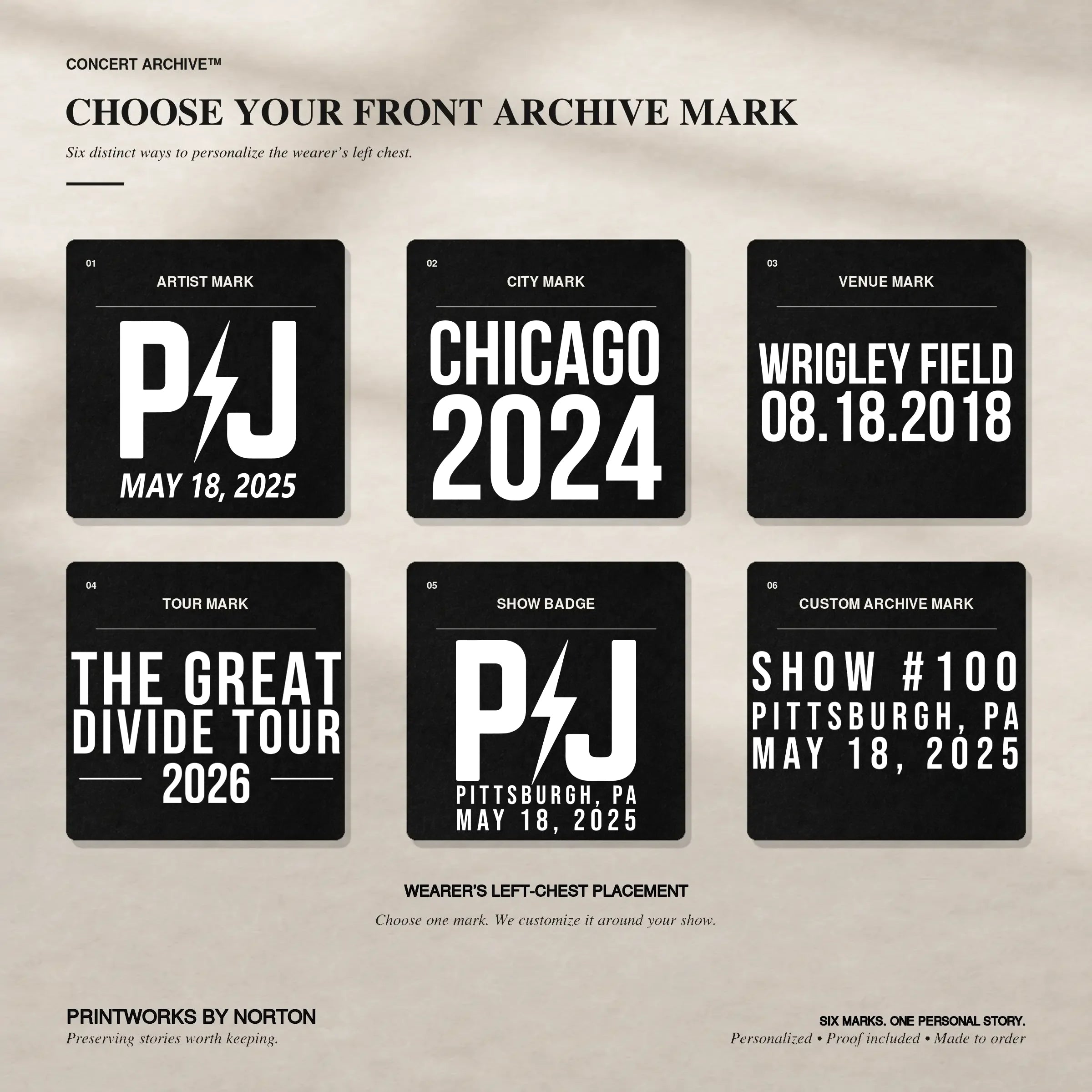 Front Archive Mark placement on a personalized concert hoodie