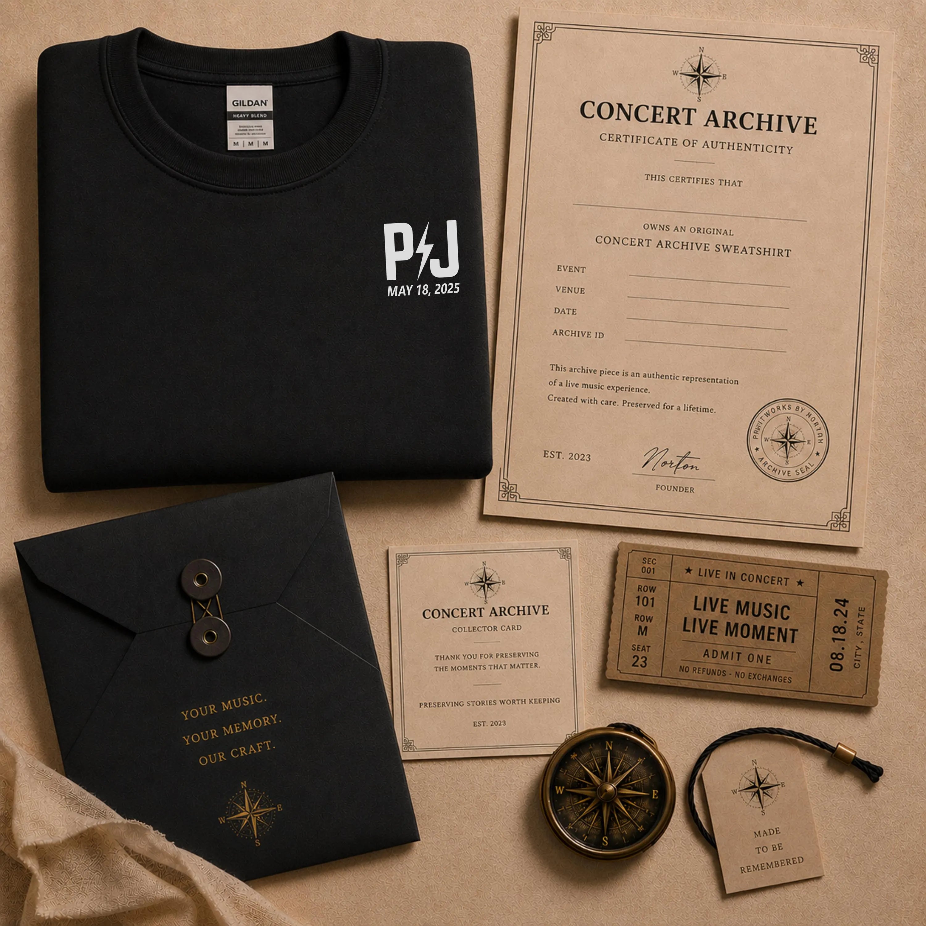 Custom concert setlist sweatshirt mockup showing personalized event details and print placement