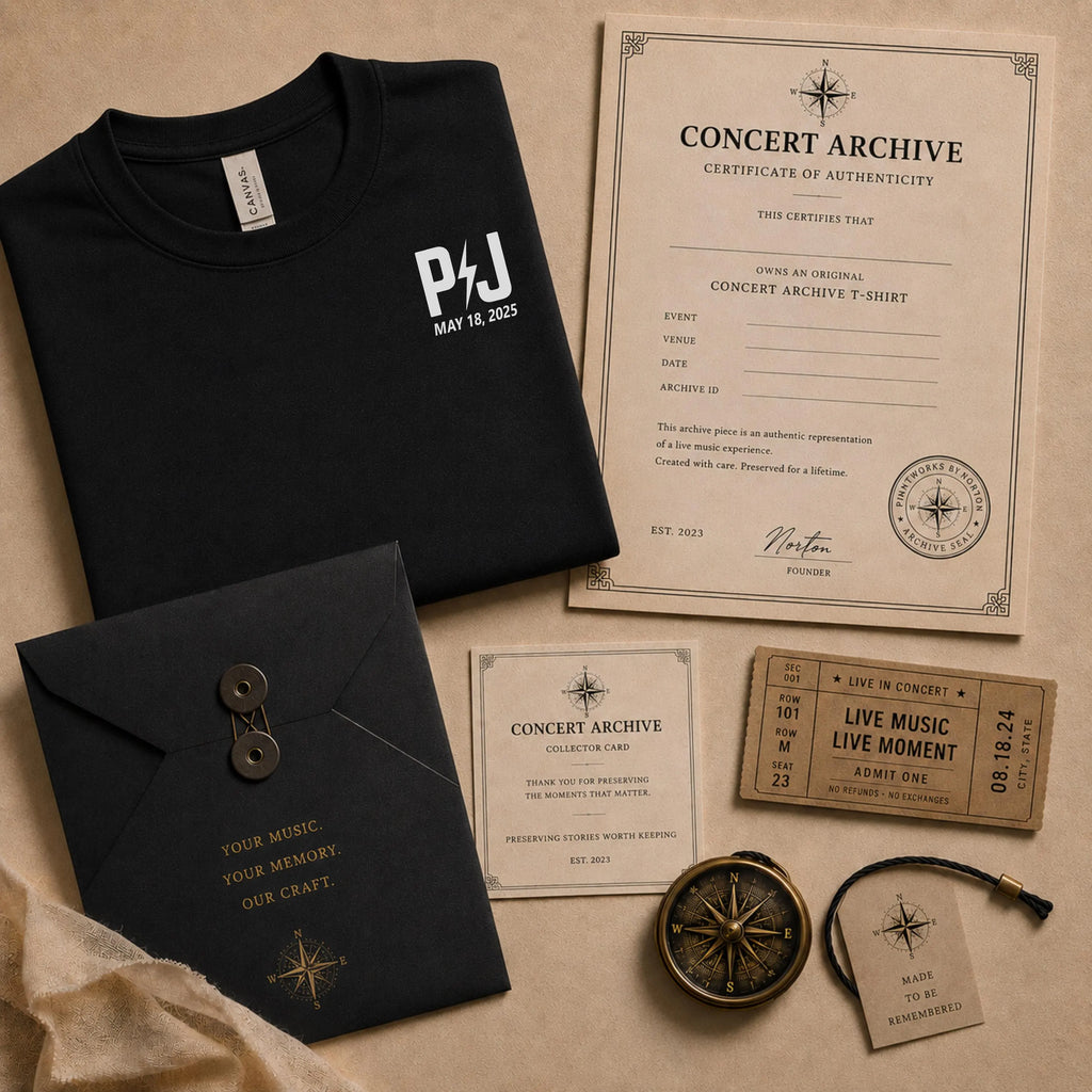 Custom concert setlist shirt mockup showing personalized event details and print placement